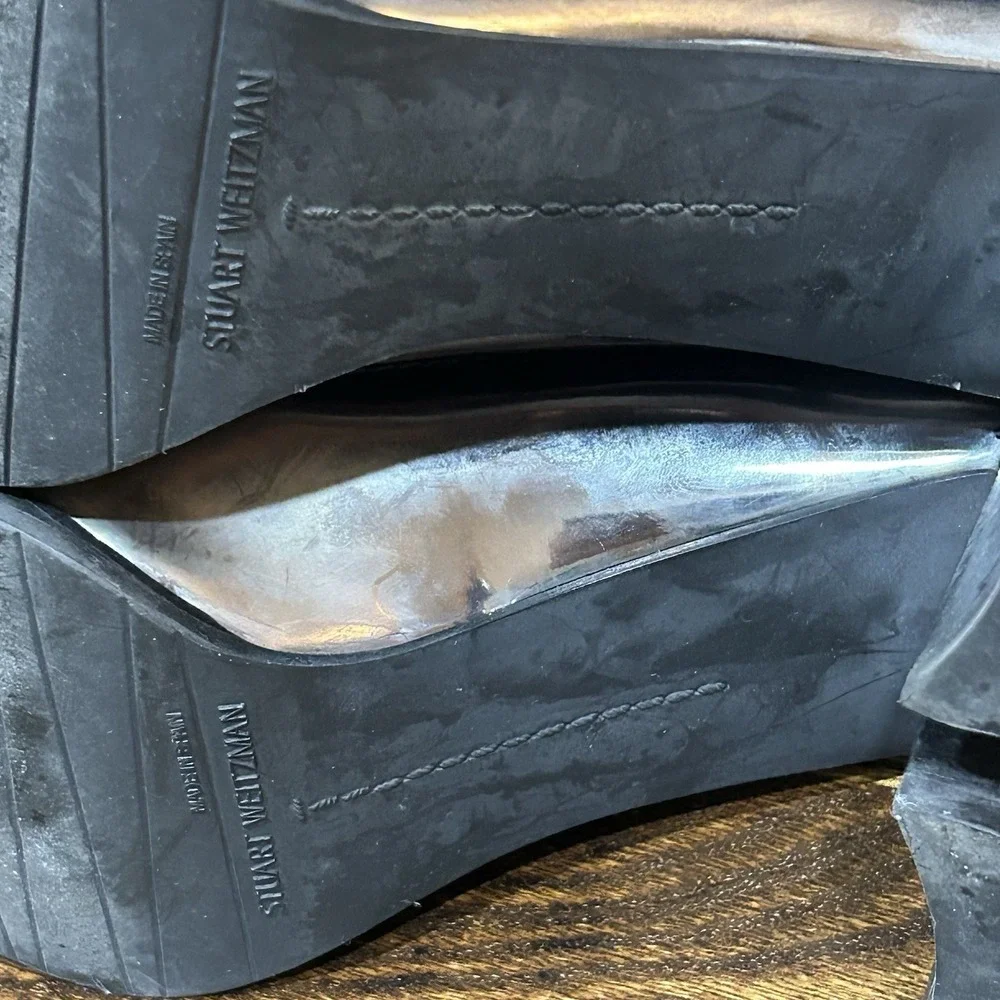 Stuart‎ Weitzman Women's 8M Metallic Gunmetal Patent Leather Ankle Boots Block